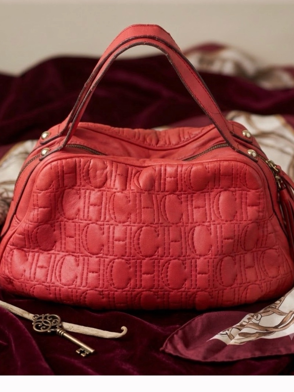 🔥 CH Carolina Herrera Red Leather Andy Monogram Satchel Bag Spain